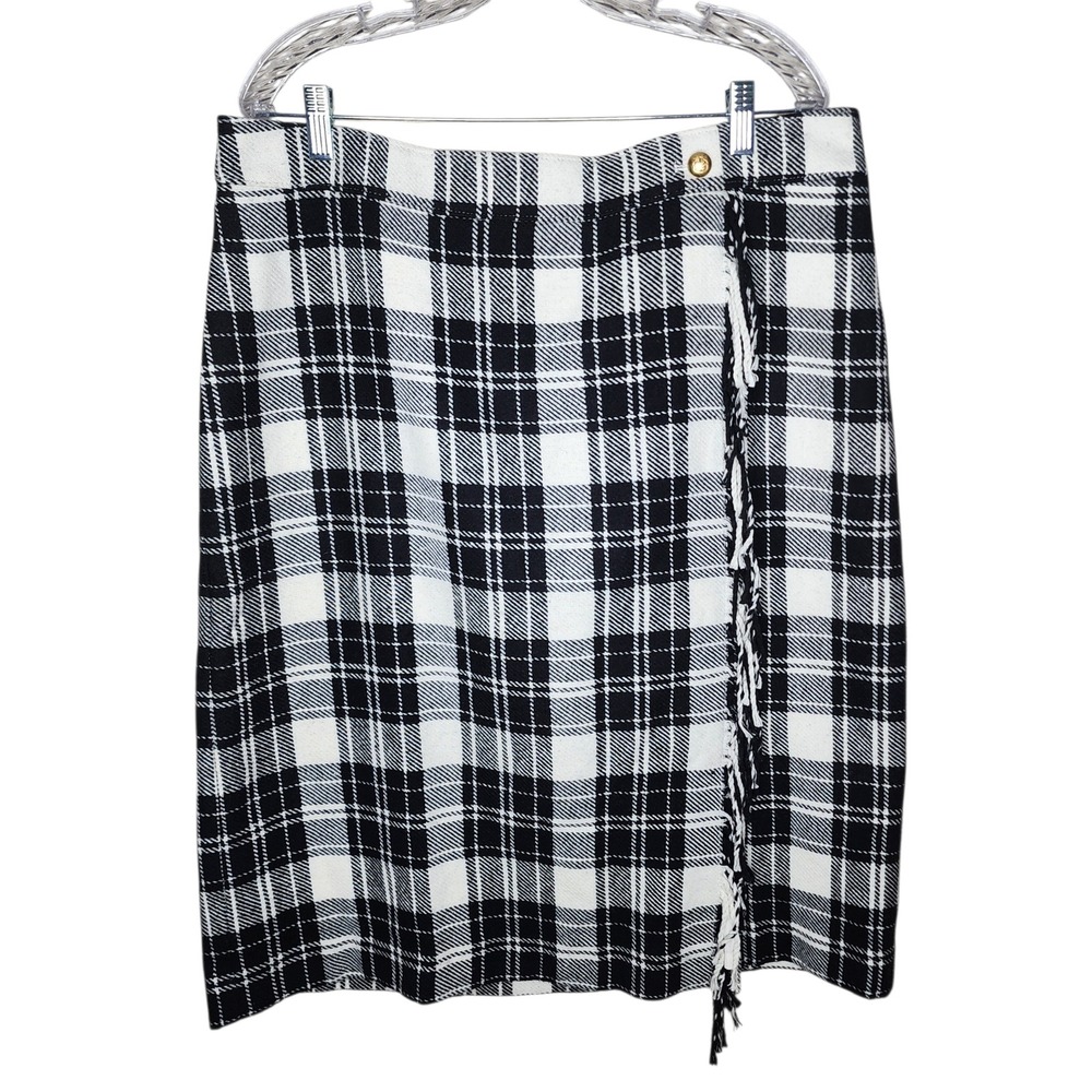 Talbots‎ Womens Ice Plaid Fringe A-Line Skirt Black White Wool Blend Size 18 - Picture 3 of 9